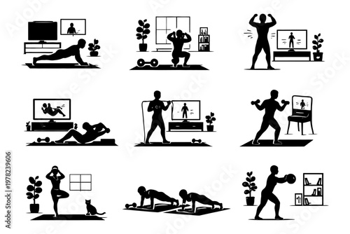 Silhouette home workout routine illustrations with diverse exercises.