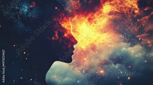Abstract profile of a woman with fire and space in background. Woman's profile in silhouette against a backdrop of swirling fire and space, creating a sense of cosmic energy