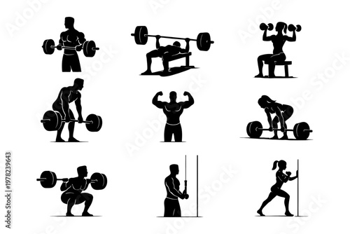 Silhouettes of male and female fitness exercises with weights and jump rope.