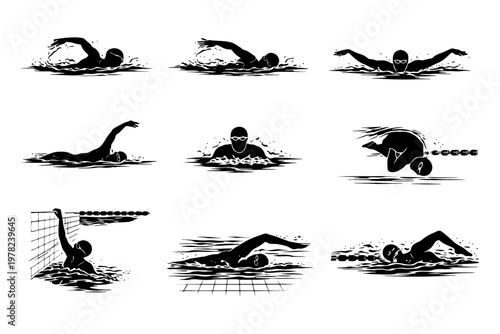 Silhouette of male swimmers in various swimming styles.