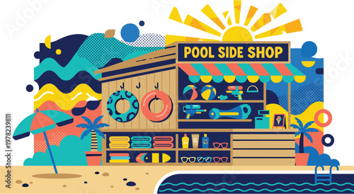 A poolside shop with beach and pool accessories. Inflatable rings, water guns, sunglasses, and sun care products displayed. Sunny day fun by water.
