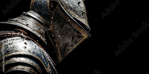 A close-up of a knight armor shows the intricate details of the metal plates and joints. The dark background highlights the texture and wear on the ancient, battle-worn suit.