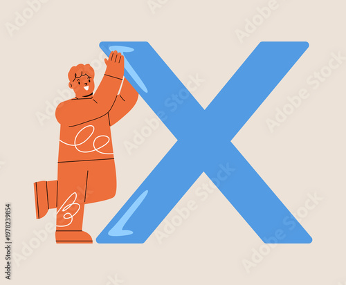 Boy holding multiplication symbol. Colorful vector illustration