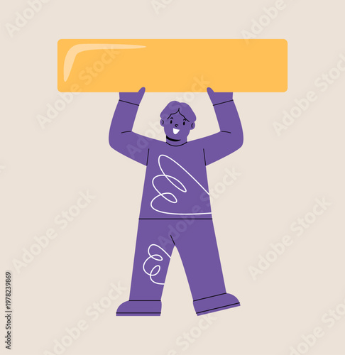 Boy holding subtraction symbol. Colorful vector illustration