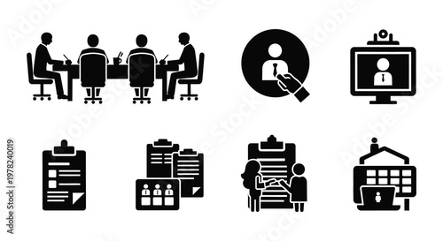 Business meeting icons and virtual collaboration black and white silhouette