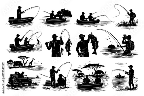Silhouettes of fishing scenes with fishermen and nature.