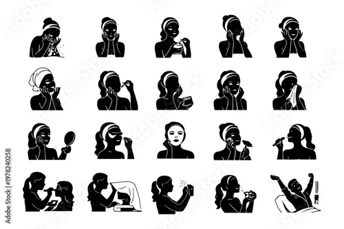 Skincare routine illustrations: women applying products and makeup.