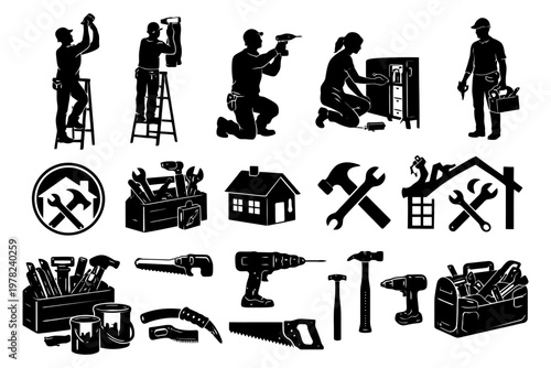 Silhouette tools and workers in home repair and construction set.