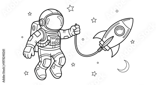 Astronaut floats in space holding a rocket charming black outline silhouette