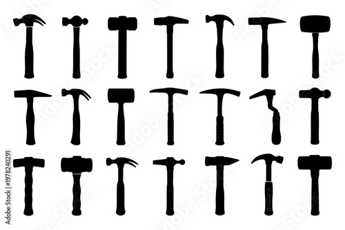 Collection of various hammer silhouettes on white background.