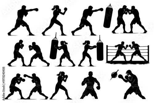 Boxing silhouettes: male and female fighters training and sparring.