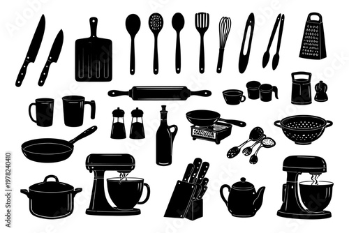 Silhouette collection of kitchen utensils and appliances illustrated.