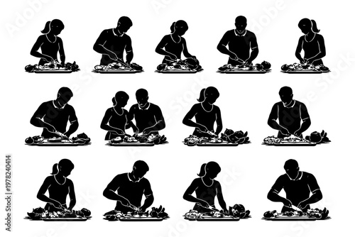 Group of african adults cooking together in kitchen preparing ingredients silhouette.