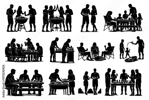 Silhouettes of people enjoying outdoor barbecue and dining activities.