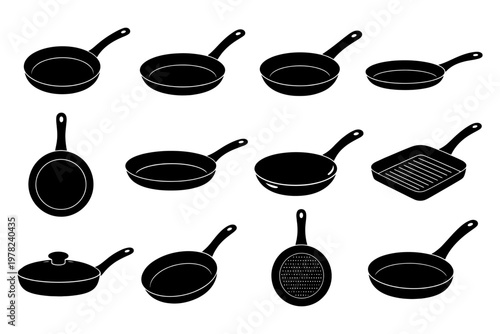 Collection of black silhouette cooking pans and skillets on white background.