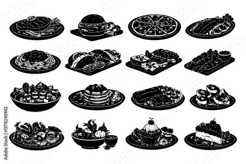 Variety of delicious foods including burgers, tacos, pizza, and desserts.