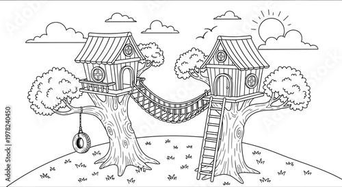 Charming treehouses connected by a rope bridge detailed line art silhouette