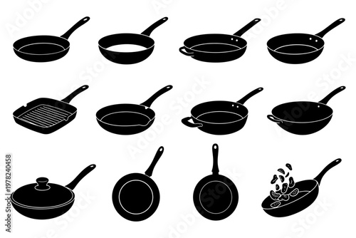 Collection of black silhouette cookware: frying pans, skillet, wok, and more.