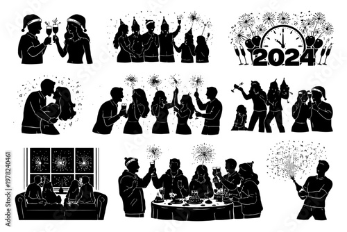 Silhouettes celebrating new year 2024 with fireworks and toasts.