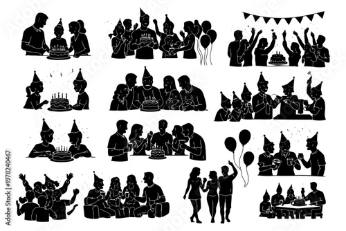 Silhouette celebration: group party with cake, balloons, and festive atmosphere.