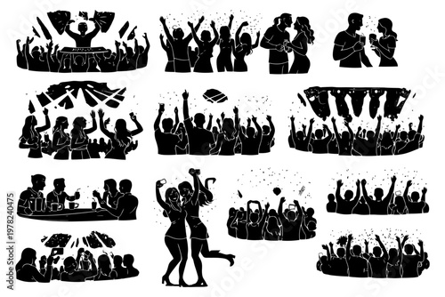 Silhouette party celebrations with dancing couples and clapping crowds.