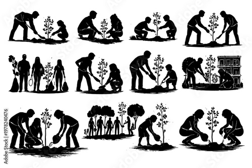 Community tree planting effort: diverse volunteers engaged in environmental conservation.