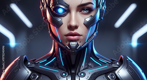 A futuristic robotic woman with glowing blue lines and a metallic exoskeleton stands confidently in a dark room with neon lights.