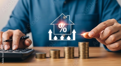 Person calculating with house percentage and stacks of gold coins