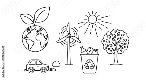 Renewable energy recycling and nature elements in a simple silhouette