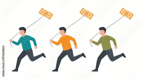 Financial pursuit concept with men chasing elusive dollar bills