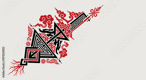 A stylized graphic design element with geometric shapes and patterns.