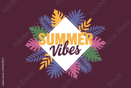 Colorful summer vibes graphic design with leaf patterns and diamond shape