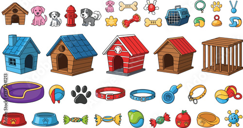 Pet Care and Accessories Set with Dog Houses, Bowls, Toys, Leashes, and Collars for Animal, Pet Shop, and Veterinary Graphic Designs