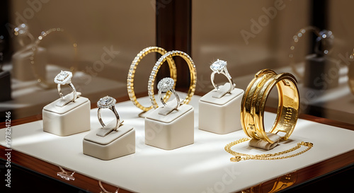 A display of luxurious diamond jewelry including rings and bracelets in a high-end store