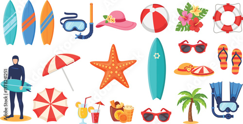 Beach Vacation Set with Surfboards, Sun Hats, Snorkel Gear, Cocktails, and Tropical Accessories for Summer Fun and Travel Graphic Designs