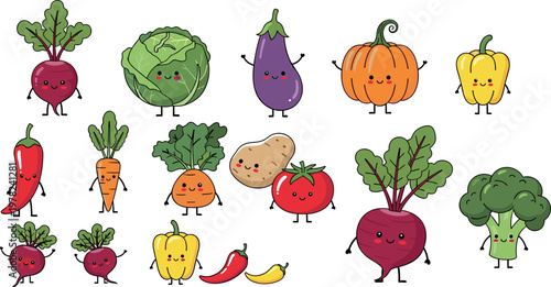 Cute and Playful Vegetable Collection Featuring Radishes, Carrots, Peppers, Pumpkins, and More for Fun, Healthy Food, and Organic Illustrations