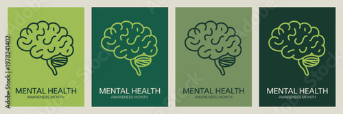 Mental Health Awareness Month Brain Illustration Set With Gradient Backgrounds