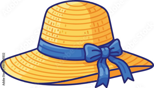 Elegant straw hat with a decorative blue ribbon bow vector illustration