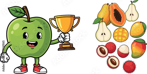 Cute apple character holding trophy with tropical fruit collection illustration isolated on white background, fun food mascot vector set