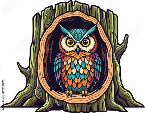 Colorful owl peering out from a hollowed tree stump with intricate woven design vector illustration