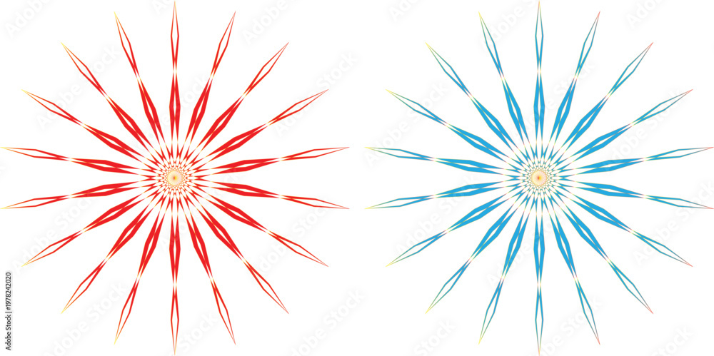 Obraz premium Symmetrical abstract art two vibrant kaleidoscope like designs in red blue and green hues