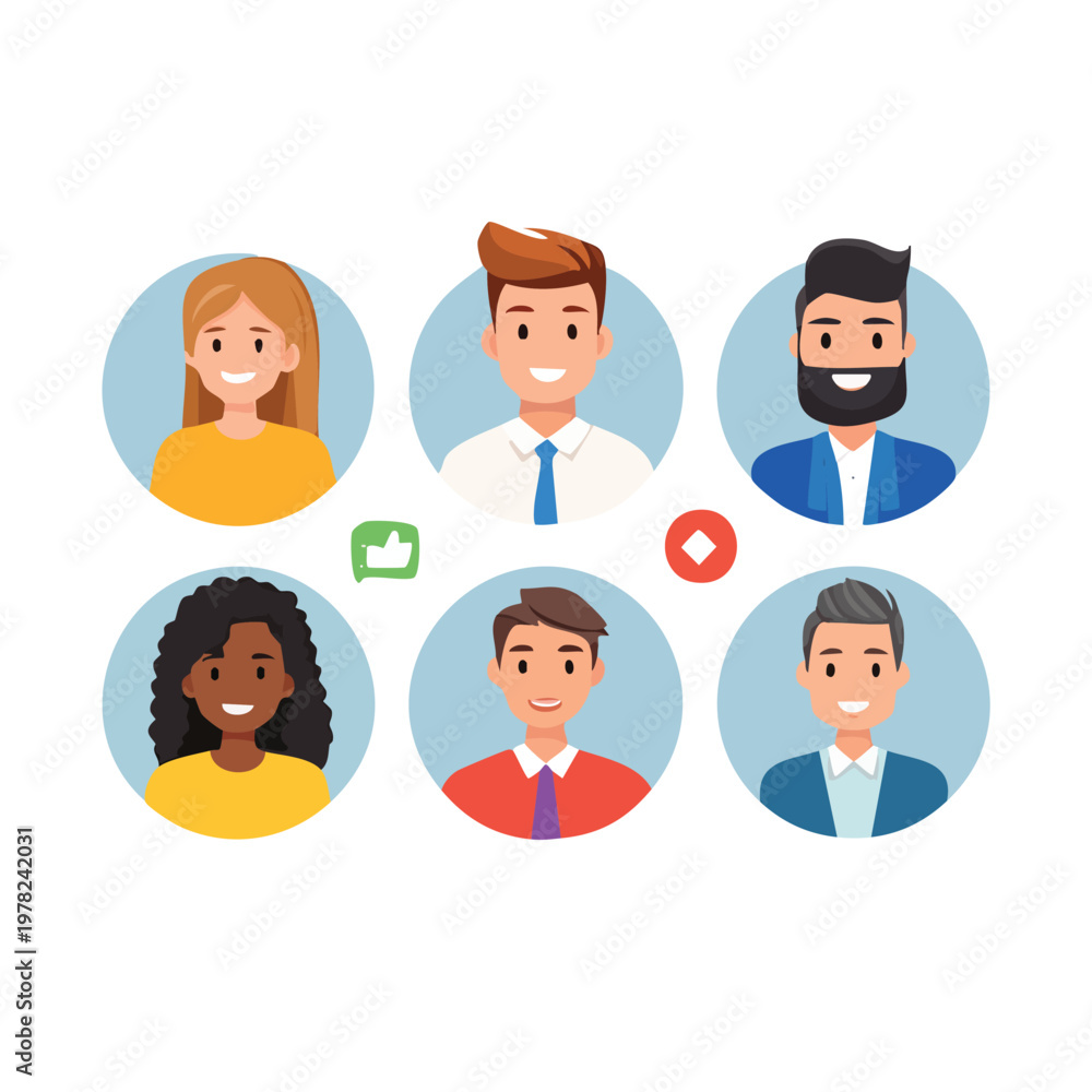 Fototapeta premium Set of round professional team avatars with like and stop icons in flat cartoon style, business