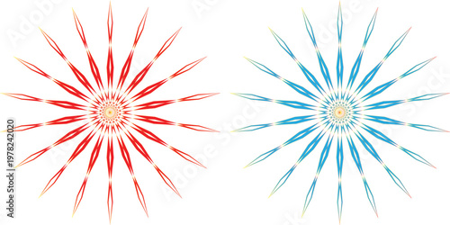 Symmetrical abstract art two vibrant kaleidoscope like designs in red blue and green hues