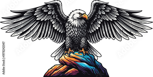 Majestic eagle perched on colorful globe with outstretched wings vector illustration