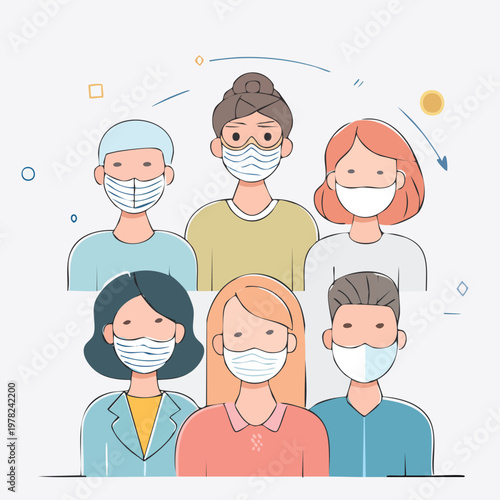 Group of diverse people wearing protective medical face masks for healthcare and prevention