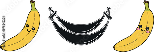 Cute banana characters and hammock vector illustration with playful cartoon style tropical fruit relaxing concept isolated on white background