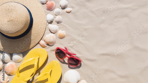 Beach accessories laid on sandy shore with seashells and sand