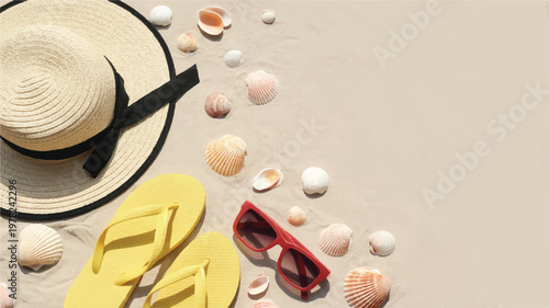 Beach accessories on sand with seashells and sunglasses  summer vacation