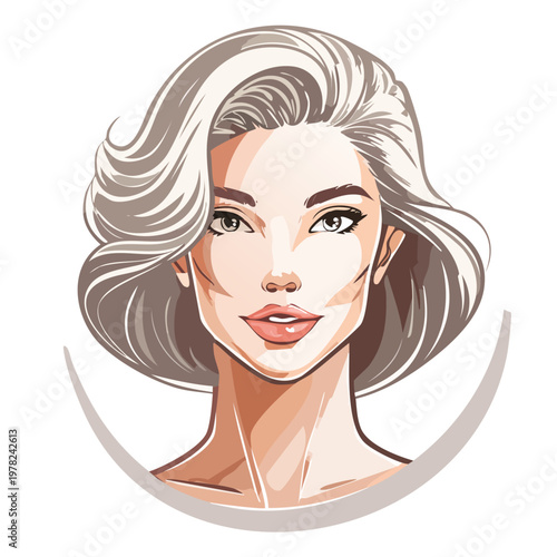 Stylized portrait of a woman with short wavy hair in a circular frame portrait shorthair features