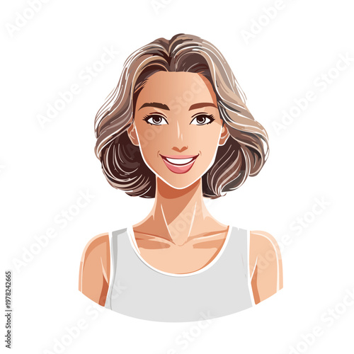 Friendly smiling young woman with short wavy brown hair wearing white top portrait brunette